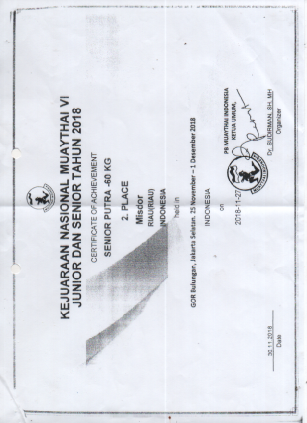 Juara 2 Senior Putra -60Kg Kejuaraan Nasional Muaythai VI Junior dan Senior Tahun 2018